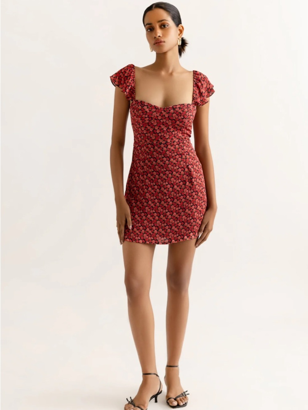 Square-Neck Red Floral Mini Dress